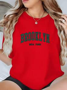 Camiseta de Manga Corta Negra Casual de Cuello Redondo 1 unidad de Camisa de T 100% algodón para Mujer con Diseño Gráfico Brooklyn New York de Ciudad Camisa de T con Estampado Digital 220 Gramos Streetwear Trendy - Rojo - Ver 1