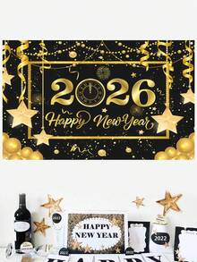 1件2026新年快乐派对背景布，星金图案涤纶背景布，2026新年庆祝派对装饰，家居装饰，房间装饰，墙饰，花园旗帜，新年悬挂装饰，新年礼物，2026新年装饰品 - 新年黑金D款 - 查看 5