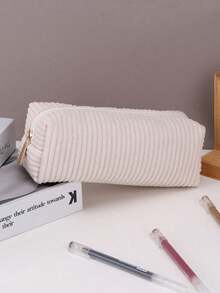 1pc High-Quality Corduroy Pencil Case - Large Capacity Polyester Material, Zipper Closure, Mixed White And Gold Zipper Pulls, Fashion Minimalist Design, Suitable For Students And Professionals, Professional Organization, Student Stationery Storage, Soft Fabric, Back To School Essential, Pencil Pouch, Backpack - Multicolor - View 2