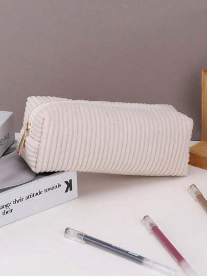 1pc High-Quality Corduroy Pencil Case - Large Capacity Polyester Material, Zipper Closure, Mixed White And Gold Zipper Pulls, Fashion Minimalist Design, Suitable For Students And Professionals, Professional Organization, Student Stationery Storage, Soft Fabric, Back To School Essential, Pencil Pouch, Backpack
