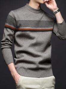 男士厚圆领毛衣，商务休闲提花针织长袖上衣，百搭叠穿单品，格子条纹图案，秋冬