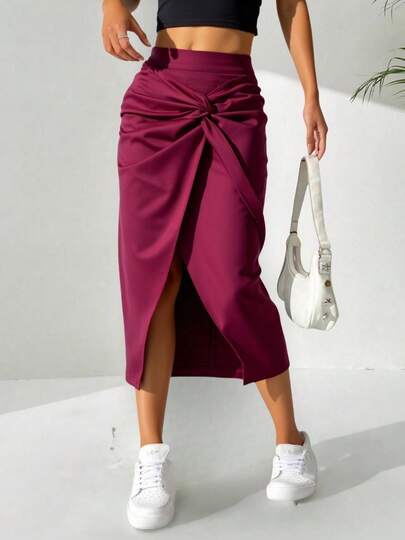 BOGGS Falda Juvenil de Moda, Cruzada con Nudo al Frente, Arriba de la rodilla, Tela Satinada de Un color Vino