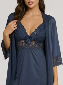 Women's Sensual Nightgown With Bow And Lace Details + Microfiber Robe With Lace PAULA. - Navy Blue - View 3