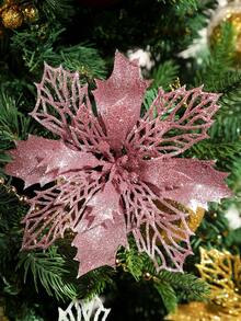 12 件/6 件/1 件人造一品红夹子，可爱的人造一品红花朵，用于圣诞树装饰，可重复使用的闪光人造一品红花朵，DIY 花环，家居装饰，婚礼派对，节日派对装饰，圣诞节/节日/季节性/婚礼圣诞树饰品，闪亮的冬季灌木装饰，适用于圣诞节、新年、婚礼、花环、楼梯、窗户、壁炉、圣诞树 - 玫瑰金 - 查看 1