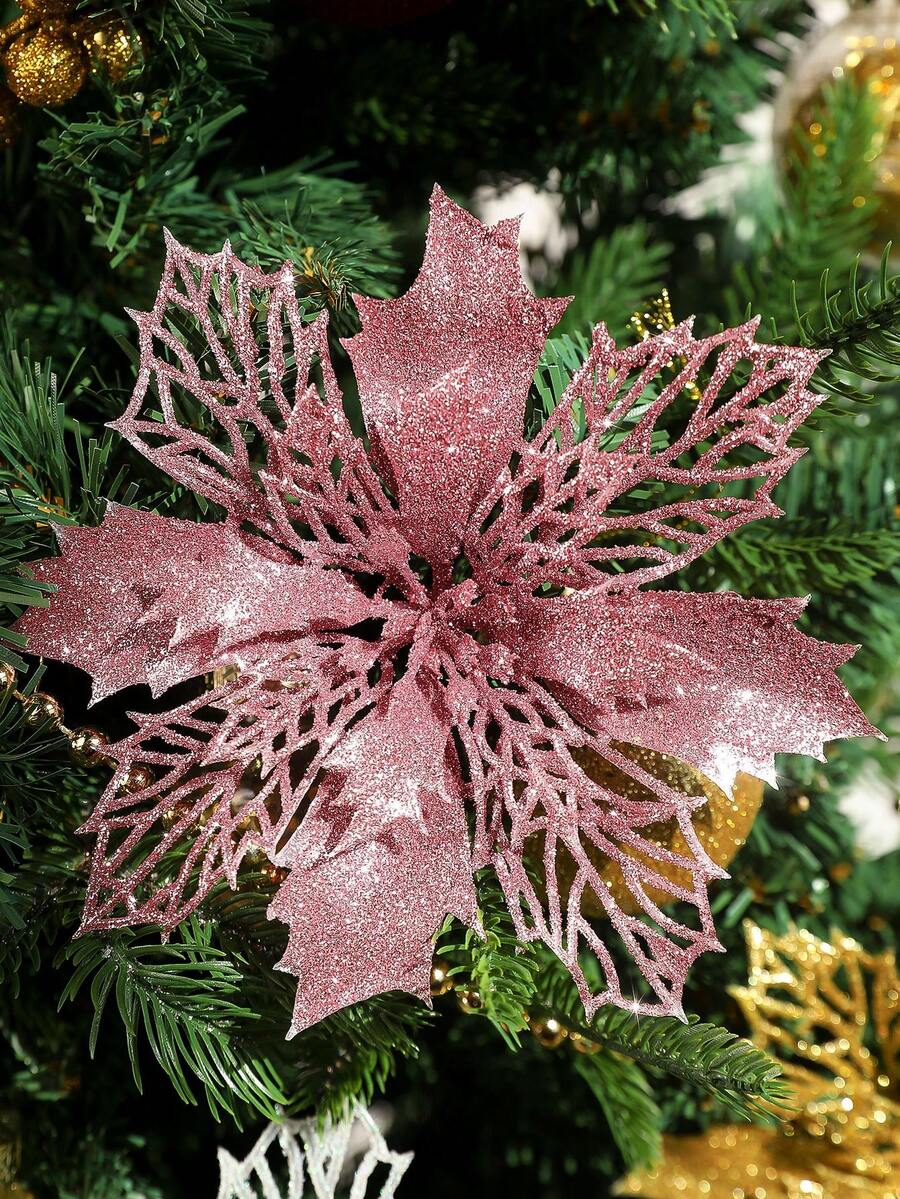 12 件/6 件/1 件人造一品红夹子,可爱的人造一品红花朵,用于圣诞树装饰,可重复使用的闪光人造一品红花朵,DIY 花环,家居装饰,婚礼派对,节日派对装饰,圣诞节/节日/季节性/婚礼圣诞树饰品,闪亮的冬季灌木装饰,适用于圣诞节、新年、婚礼、花环、楼梯、窗户、壁炉、圣诞树 - 玫瑰金 - 查看 1