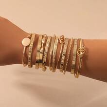 12 Stück/7 Stück/5 Stück Vintage breites Armband Set, minimalistische geometrische offene Armreifen in Gold- und Silberfarben - Gold - Übersicht 2