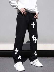 Men's Denim Brand Washed Pants With Cross Print Straight Leg Men's Jeans-Black - 黑色 - 查看 5