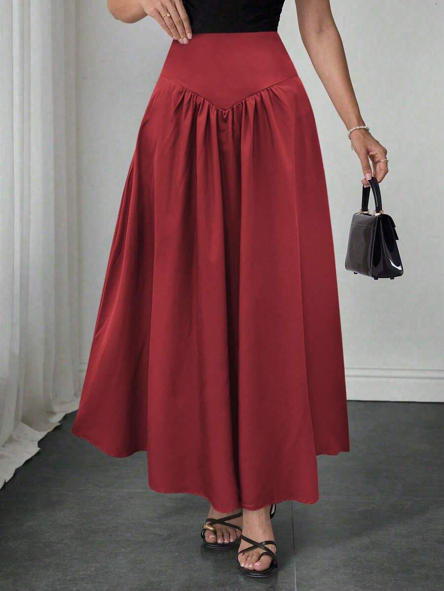 Falda evasé elegante para mujer, adecuada para citas, uso estudiantil, viajes diarios, versátil, casual, playa y otras ocasiones. Falda evasé elegante y casual para mujer, de unicolor, con diseño de cintura entallada y plisado, de tela tejida, disponible en varios colores, apta para salidas y también se puede usar como ropa de estar en casa. - Rojo - Ver 1