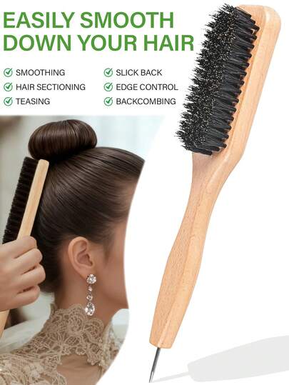 Cepillo para el cabello con parte central suavizante y con estilo, cepillo de cerdas de jabalí para peinado hacia atrás con extremo de cola de rata de metal, herramienta para parte central y sección para peinado hacia atrás, cola de caballo, moño, cepillo de cerdas de jabalí para cabello y barba para hombres y mujeres - Cepillo de estilo profesional para peluquería sin fragancia con cerdas de crin para cabello grueso/fino, peine para degradado y limpieza de maquinilla, herramienta suavizante para peinado hacia atrás, accesorios esenciales para el regreso a la escuela, viajes y vacaciones, accesorios para el cabello para mujeres, cepillo para el cabello, cepillo para peinado hacia atrás, cepillo para peinar, cepillo para cabello rizado, cepillo para el borde, peine para el cabello, cepillo para el cabello, set de cepillos para el cabello, peine para el cabello, peine para rizos, cepillo desenredante, cepillo para el cabello de mujer, cabello, viaje, productos para el cabello, herramient