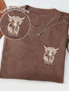 Women's Casual Crew Neck Short Sleeve Embroidered Highland Cow T-Shirt, Retro Vintage Western Style, Coffee Color