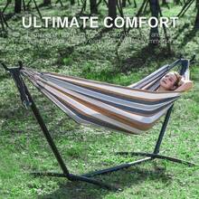 GCCSJ Double Hammock With Steel Stand,Double Hammock With 9FT Steel Stand - 450 LBS Heavy-Duty Weather-Resistant Hammock For 2 Adults, Portable Backyard Camping Hammock With Carry Case & Easy Setup, Striped Outdoor Hammock For Patio, Deck & Travel (2-Person Size) - Beige - View 4