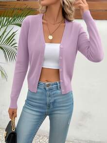 Women's Lightweight V-Neck Cardigan Sweater Solid Color Long Sleeve Slim Fit Jacket - 紫色 - 查看 3