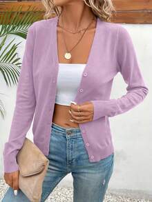 Women's Lightweight V-Neck Cardigan Sweater Solid Color Long Sleeve Slim Fit Jacket - 紫色 - 查看 2