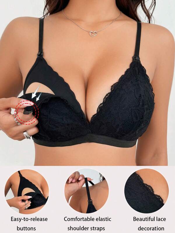 Maternity Solid Color Lace Trim Nursing Bra Without Padding Maternity