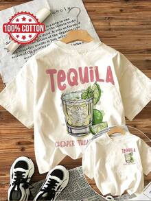 Playera para mujer casual estampado divertido de vaso de tequila algodón 100% color marfil corte holgado cuello redondo manga corta primavera verano fiesta uso diario - Blanco - Ver 1