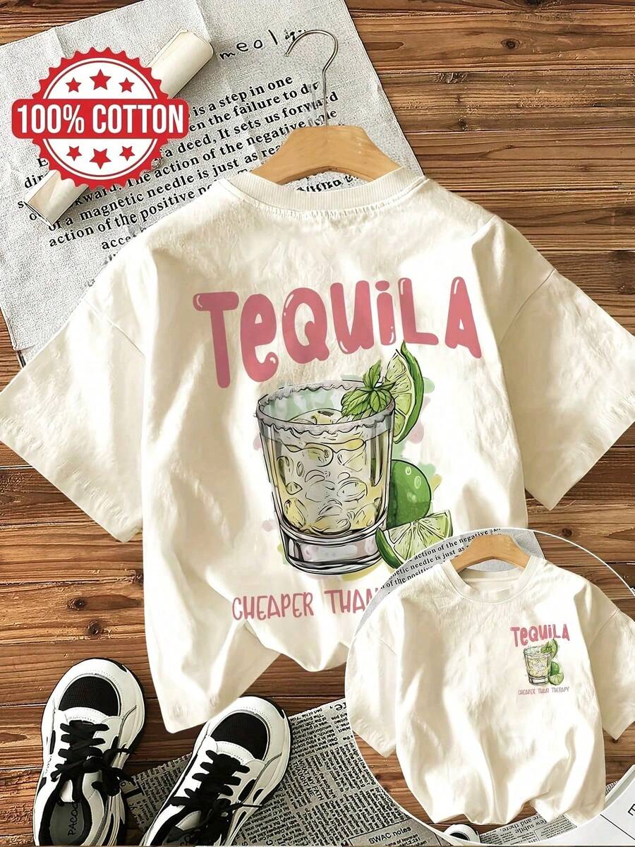 Playera para mujer casual estampado divertido de vaso de tequila algodón 100% color marfil corte holgado cuello redondo manga corta primavera verano fiesta uso diario - Blanco - Ver 1