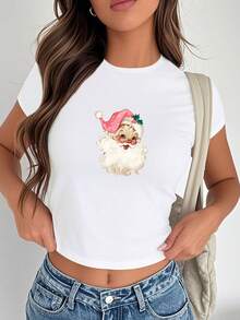 1pc Santa Christmas Graphic Print Women's Fashion Short Sleeve T-Shirt, Y2K Clothes, Back To School Clothes, Vintage Clothes, Street Wear, Rock, Holiday, Vacation, Festival, Summer Tops - 白色 - 查看 4