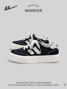 WARRIOR Damen sportliche junge Sneaker mit dicker Sohle aus Segeltuch, Farbblockdesign, modisch, Schnürung, Niedrigschaft, rutschfest, schmutzabweisend, Freizeitschuhe - Schwarz - Übersicht 2