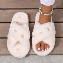 秋冬女士刺绣蝴蝶结家居拖鞋，四季皆宜的毛绒室内拖鞋，平底带女士拖鞋，家用地板拖鞋，蓬松拖鞋 - 交叉米色 - 查看 9