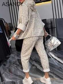 Women's Fall Winter Bestselling Pants Set - Random Print Hooded Top & Straight Leg Trousers, Casual Daily Outfit Spring - Apricot - View 2
