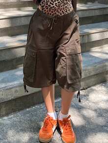 Women Y2k Drawstring Cargo Shorts Baggy Denim Shorts Summer Fashionable Wide Leg Knee Length Jean Shorts With Pocket Streetwear - màu nâu - Xem 4