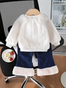 Conjunto de 2 peças de blusa de manga comprida com estampa floral 3D e calça jeans de morango 3D para bebês meninas, outono/inverno - Bege - Ver 2