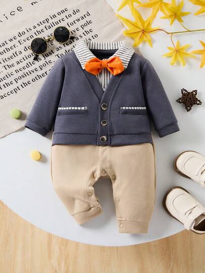 Conjunto de bebé estilo caballero, mameluco de manga larga de moda, pajarita naranja + cuello a rayas