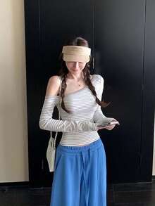 女式条纹露肩长袖修身上衣 - 淺灰色 - 查看 2