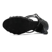 7.5cm Heels Pearl & Rhinestone Satin Soft Sole Latin Dance Shoes For Women Ballroom Modern Tango Performance Shoes Black Ladies Diamond Party Shoes
