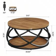 Tribesigns 31.5" Round Coffee Table With Storage Shelves, 2-Tier Circle Center Table With Sturdy Metal Frame, Rustic Accent Cocktail Table For Living Room, Small Space, Brown - Brown & Black - View 2