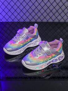 1 双时尚 LED 照明皮革透气运动鞋，适合男孩和女孩 - 休闲、减震、四季防滑户外跑步和步行鞋 - 淡紫色 - 查看 2