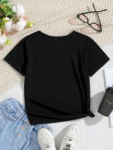 Girls Who Play Basketball, Fashionable Girls With Basketball Elements English Letter Round Neck Soft And Comfortable T-Shirt Top Casual Spring And Summer Cute Casual Shirt Print Pattern T-Shirt - Black - View 2