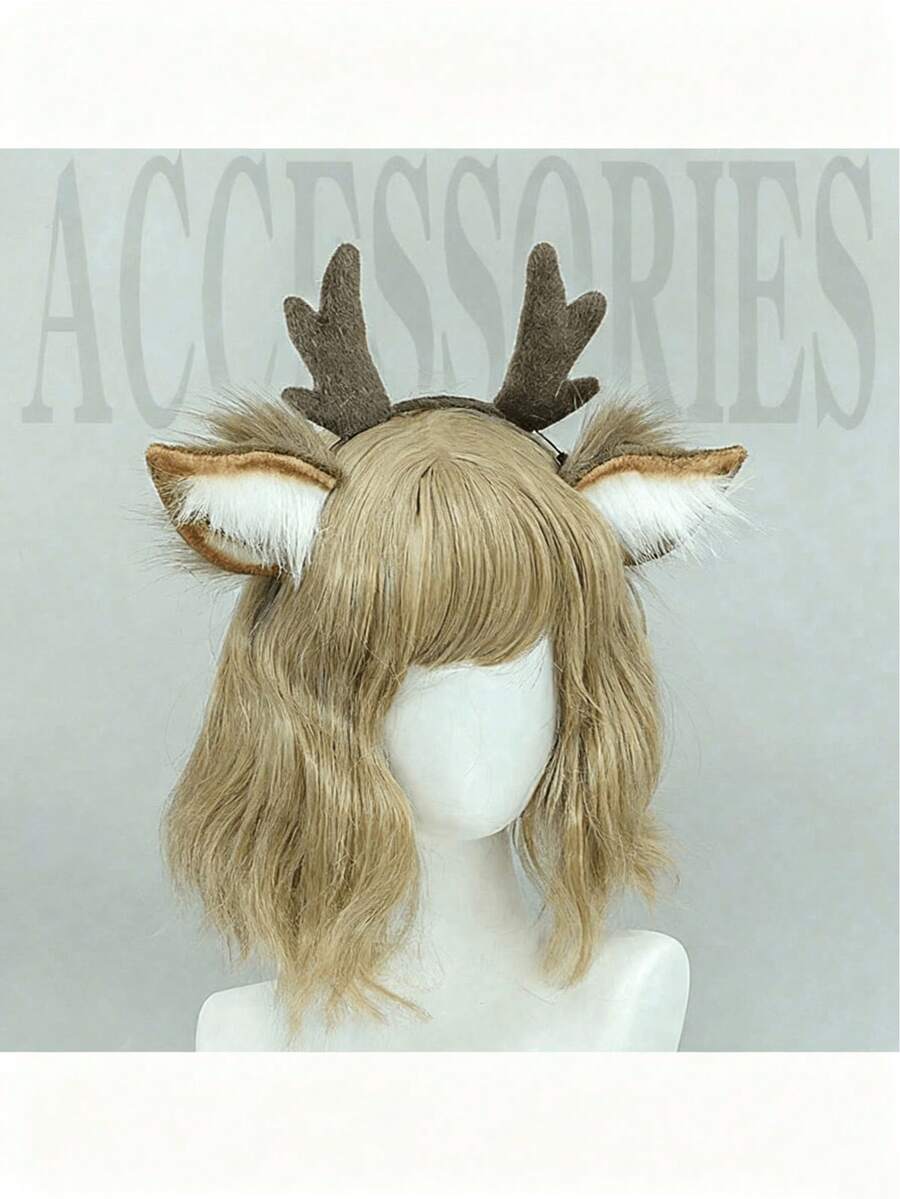 1pc Christmas Reindeer Antler Headband, Cute Plush Reindeer Ear Hair Hoop, Cosplay Accessory Prop, Handmade Artificial Animal Ear Headdress (Random Style A Or B) - Multicolor - View 1