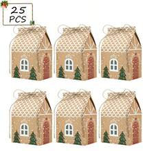 25pcs Mini Christmas Party Favor Boxes, Cute Christmas House Boxes With Rope Craft Paper Small Gift Box For Cookie Bakery Candy Cupcake Party Favor
