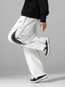 男士街头风运动裤 - 轻盈涤纶运动裤，侧边条纹，带口袋和抽绳腰带，撞色休闲运动裤，适合街头穿着、慢跑、户外休闲、健身房等场合，时尚百搭。 - 白色 - 查看 7