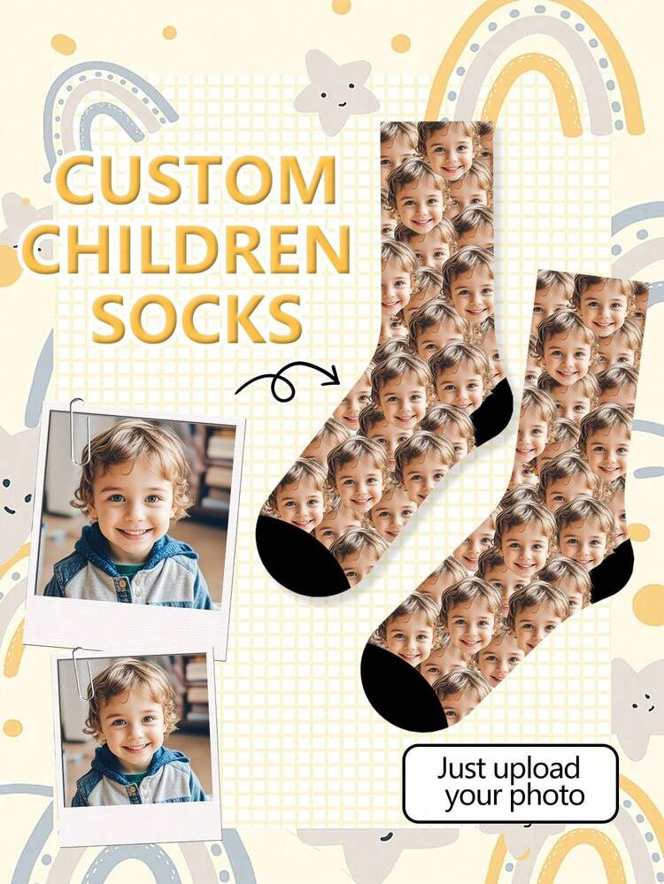 Customizable Children's Mid-Calf Socks With Personalized Face Prints, Suitable For Boys And Girls, Can Print Any Photo, Fun And Decorative Design, Ideal Gift For Valentine's Day And Other Occasions, Multifunctional, Decorative, Letter Patterns, Fashionable, Clean, Modern, Colorful, Cute, Casual, Customizable, Personalized, Unique, Custom, Comfortable To Wear - Multicolor - View 6