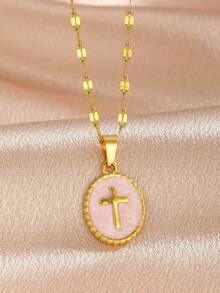 French Oil Drop Round Cross Stainless Steel Pendant Necklace For Women Exquisite Simple Titanium Steel Clavicle Chain - Hồng - Xem 7