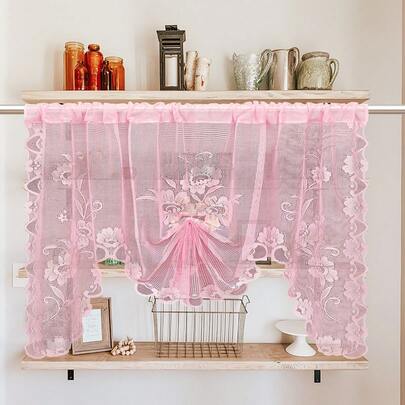 1pc Solid Color Pull-Type Kitchen Curtain, Lightweight Sheer Curtain, Rod Pocket Design, Room Divider Suitable For Bedroom, Living Room, Dining Room, Kitchen Decor,Suitable For Living Room And Bedroom Decoration, Fashionable And Chic Floral Lace Translucent Curtains.