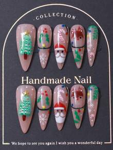 Bộ 10 miếng dán móng tay hình quả hạnh nhân chủ đề Giáng sinh vẽ tay cây thông Noel, ông già Noel, bông tuyết, nai sừng tấm phong cách Y2K sang trọng và làm thủ công, thanh lịch và lộng lẫy, thích hợp cho các quý cô và bé gái - Nhiều màu - Xem 2