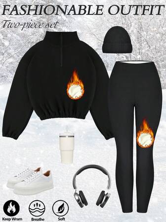 Damen Thermofutter Reißverschluss Kapuzenjacke und dicke Leggings mit hoher Taille Set, warme Herbst/Winter Sportbekleidung, Fleece