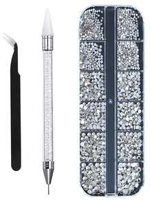 12 ô lưới 6 kích cỡ Đá pha lê trong suốt dạng phẳng, bóng, dùng trang trí móng tay, kèm nhíp và dụng cụ gắp đá, bút chấm đá, dụng cụ làm móng, trang trí mặt và mắt, đồ thủ công làm móng, phụ kiện móng tay, giá rẻ, ngày lễ tình nhân, hàng giá rẻ, du lịch, đồ dùng cần thiết khi đi du lịch, trang trí phòng, quà tặng ngày lễ tình nhân, đồ rẻ tiền, phòng, đồ 1 đô la, đồ dùng cần thiết cho kỳ nghỉ, quà tặng cho phụ nữ, phòng ngủ, ngày lễ tình nhân, 99 xu - trắng - Xem 2