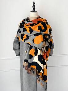 1 pieza Nuevo estilo de imitación de cachemira Chal grande con estampado de leopardo colorido y cálido, chal/manta versátil y de moda con flecos cortos para mujer, perfecto para viajar, fiestas, salas con aire acondicionado y regalo familiar para vestir en otoño e invierno - Estampado de leopardo colorido - Ver 15