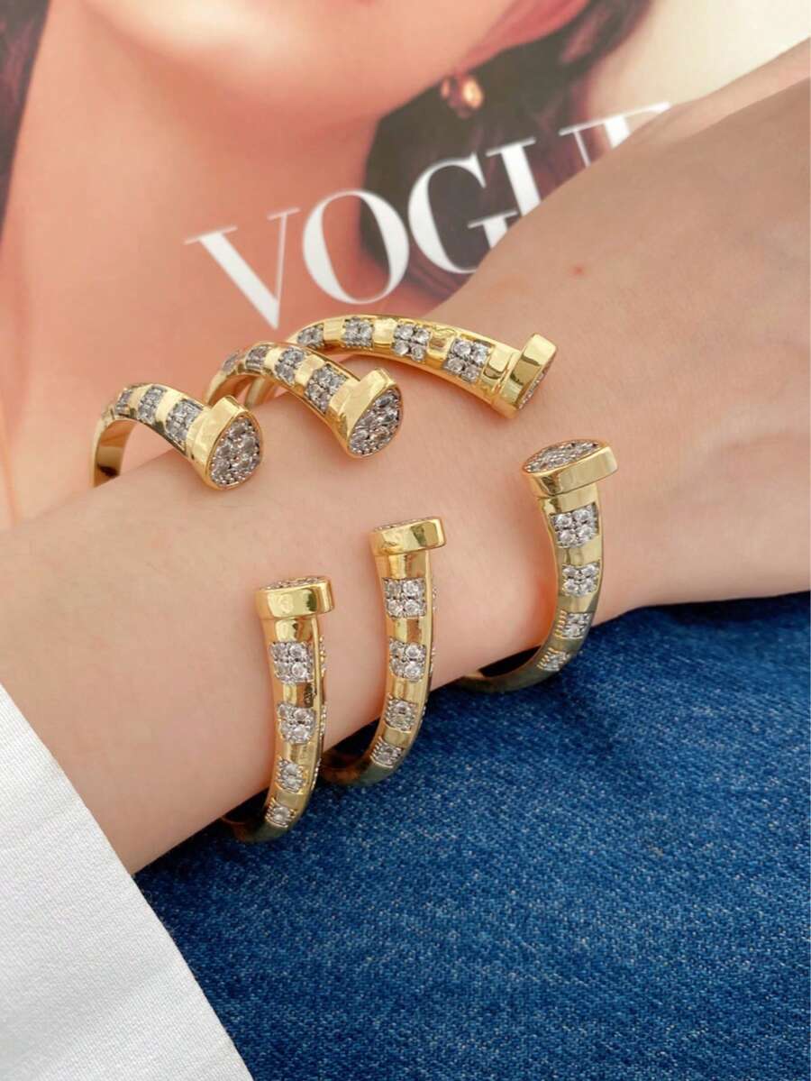 1 chiếc/bộ vòng tay nhẫn móng tay thời trang bằng vàng, trang trí bằng đá Cubic Zirconia mạ điện hai tông màu, chất liệu, yếu tố cổ điển vĩnh cửu, phong cách tối giản chất lượng cao để đeo hàng ngày - Vàng - Xem 1