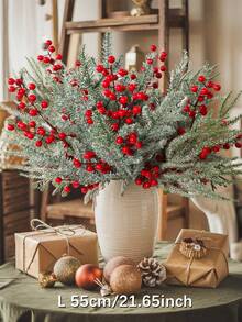 3/6pcs Christmas Tree Branches,2 Green Branches + 1 Red Berry Branches,PE Material,Artificial Cedar Red Berry Branches,Christmas Decorations And Ornaments,21. 65inch/55cm, Artificial Flowers, Autumn And Winter, Artificial Plants, Artificial Flowers, Christmas, Christmas Decorations, Fake Plants
