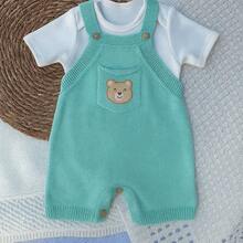Jardineira Tricot Body Delicada Bolso Urso - Verde Menta - Visão 1
