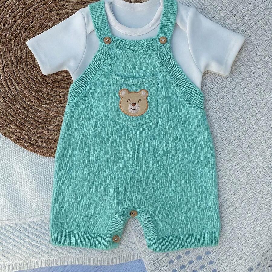 Jardineira Tricot Body Delicada Bolso Urso - Verde Menta - Visão 1