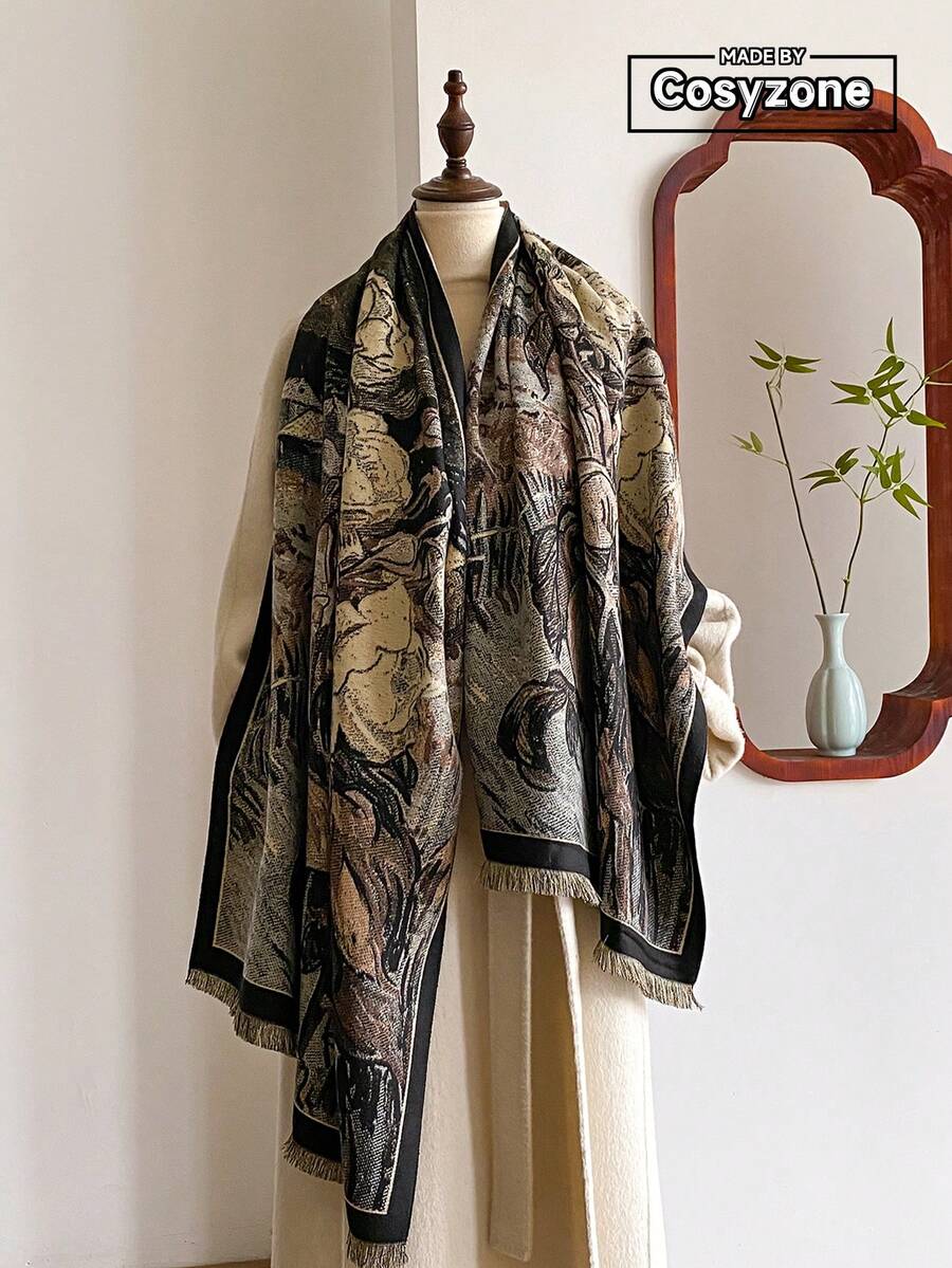 1pc Elegant Floral Jacquard Scarf, Faux Cashmere Warm Shawl For Women, Suitable For Air-Conditioned Rooms, Fashion Versatile Neck Warmer For Autumn/Winter
