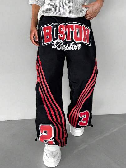 男士黑色裤子，小众高端，创意条纹字母设计，ins简约嘻哈风，宽松时尚，易打理，舒适百搭，适合街头穿着和节日聚会