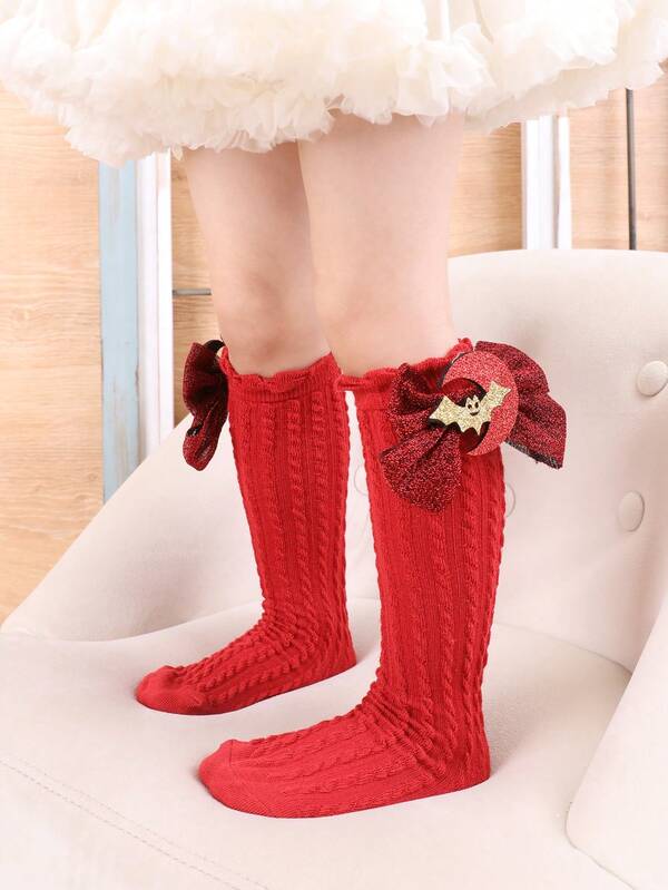 زوج من جوارب الطاقم ذات اللون الأحادي المزينة بخفافيش كرتونية لفتيات هالوين، مناسبة للفتيات من عمر 3-8 سنوات