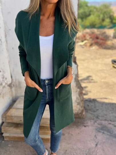 Elegant Solid Color Turndown Collar Cardigan, Autumn/Winter